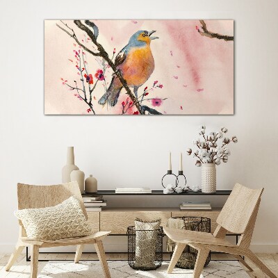 Schilderij op glas Een zingende vogel in een lentelandschap