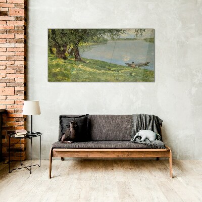 Schilderij op glas Een vredig landschap aan de rivier