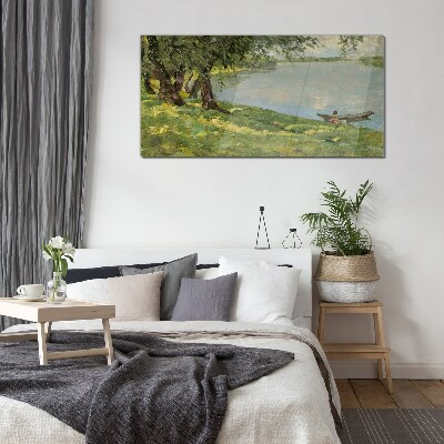 Schilderij op glas Een vredig landschap aan de rivier