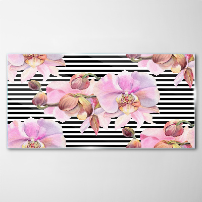 Schilderij op glas Orchideeën op een achtergrond van zwarte strepen
