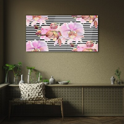Schilderij op glas Orchideeën op een achtergrond van zwarte strepen