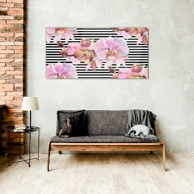 Schilderij op glas Orchideeën op een achtergrond van zwarte strepen