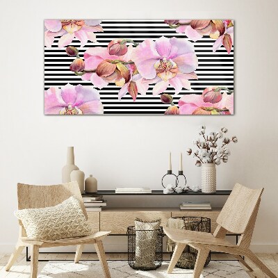 Schilderij op glas Orchideeën op een achtergrond van zwarte strepen
