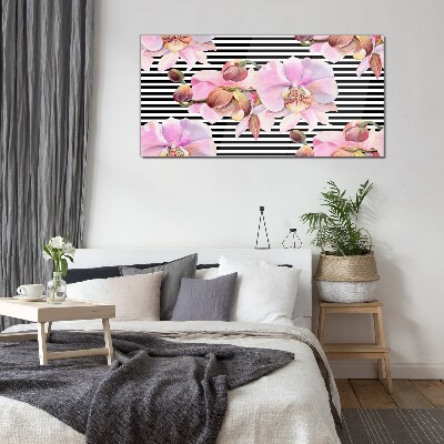 Schilderij op glas Orchideeën op een achtergrond van zwarte strepen