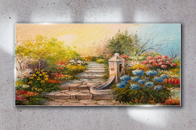 Schilderij op glas Bloementuin met fontein