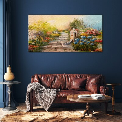 Schilderij op glas Bloementuin met fontein