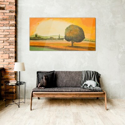 Foto op glas Gouden open plek met een boom