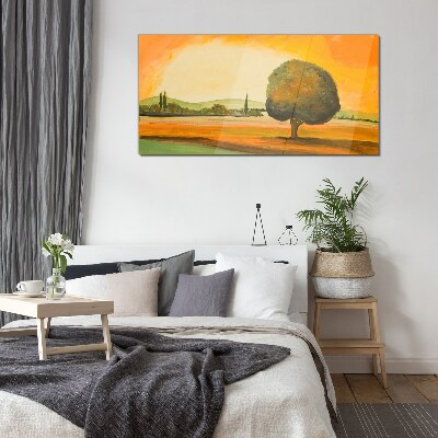 Foto op glas Gouden open plek met een boom