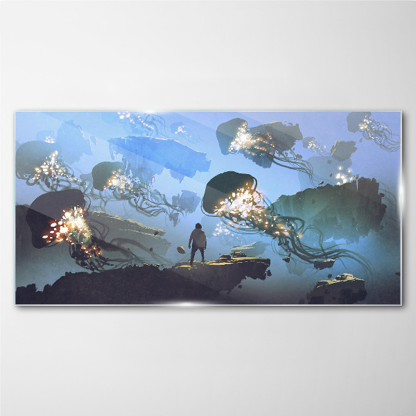 Foto op glas Een onderwaterreis in het licht van kwallen