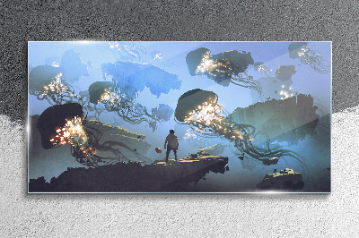 Foto op glas Een onderwaterreis in het licht van kwallen