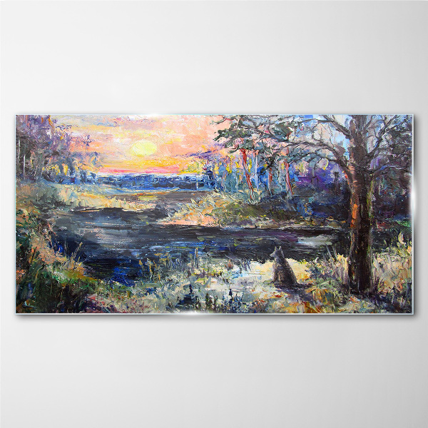 Glas foto Zonsondergang over het meer