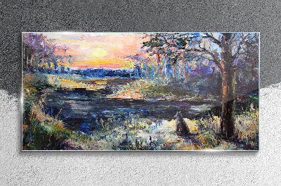 Glas foto Zonsondergang over het meer