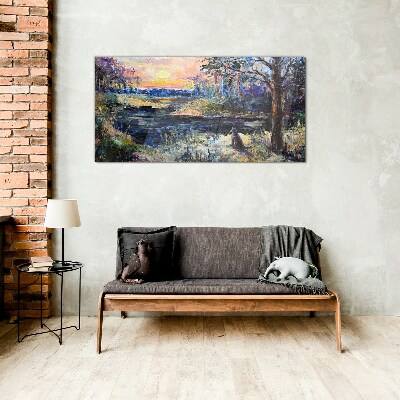 Glas foto Zonsondergang over het meer