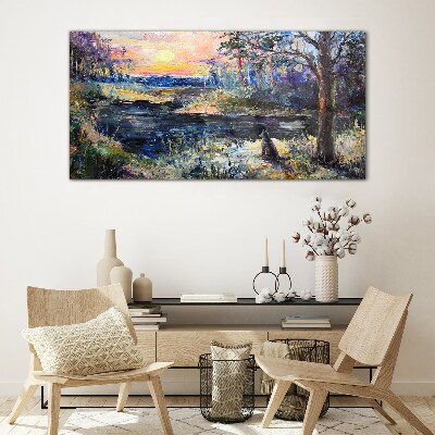 Glas foto Zonsondergang over het meer