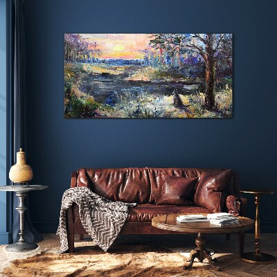 Glas foto Zonsondergang over het meer