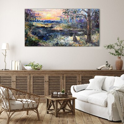 Glas foto Zonsondergang over het meer