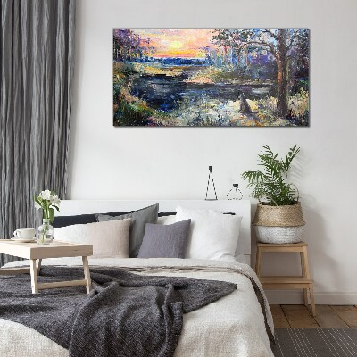 Glas foto Zonsondergang over het meer