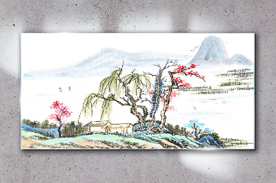 Foto op glas Een vredig landschap met bomen en een huis