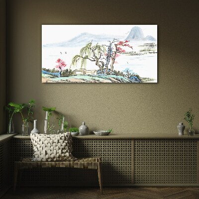 Foto op glas Een vredig landschap met bomen en een huis