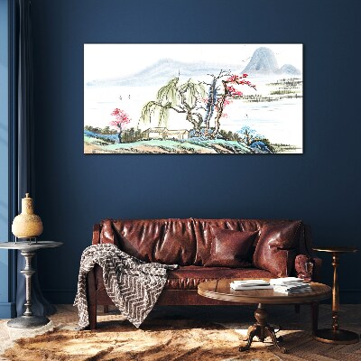 Foto op glas Een vredig landschap met bomen en een huis