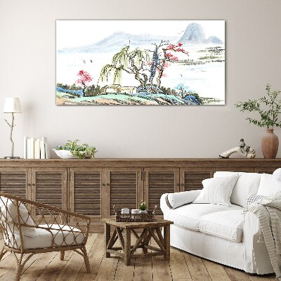 Foto op glas Een vredig landschap met bomen en een huis