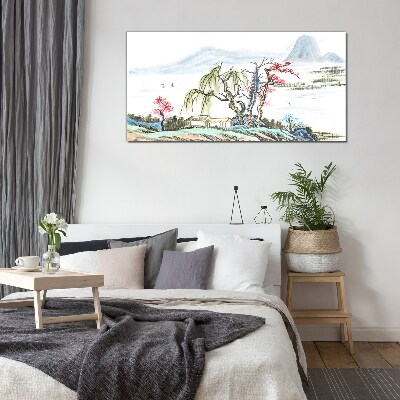 Foto op glas Een vredig landschap met bomen en een huis