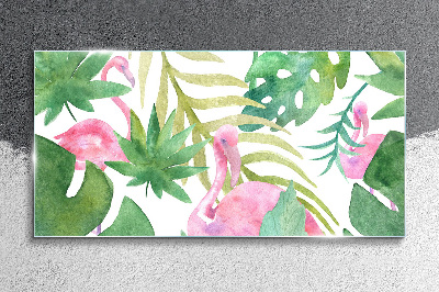 Schilderij op glas Blije flamingo's in de tropische jungle