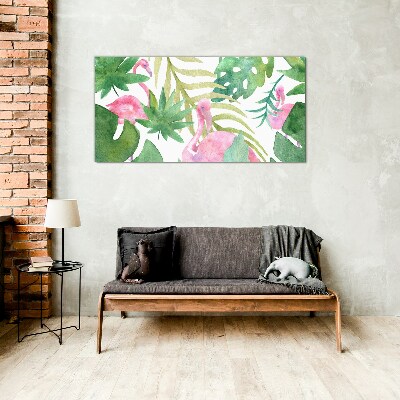 Schilderij op glas Blije flamingo's in de tropische jungle