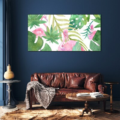 Schilderij op glas Blije flamingo's in de tropische jungle