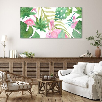 Schilderij op glas Blije flamingo's in de tropische jungle