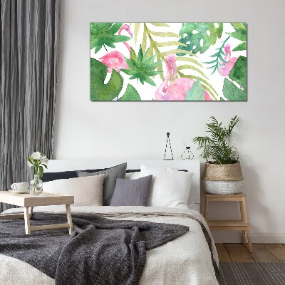 Schilderij op glas Blije flamingo's in de tropische jungle