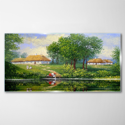 Foto op glas Een vredig landelijk landschap aan het water