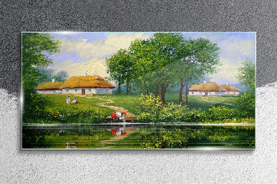 Foto op glas Een vredig landelijk landschap aan het water