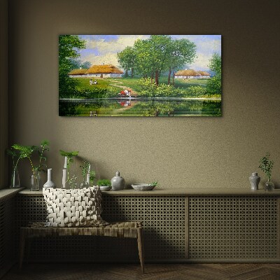 Foto op glas Een vredig landelijk landschap aan het water