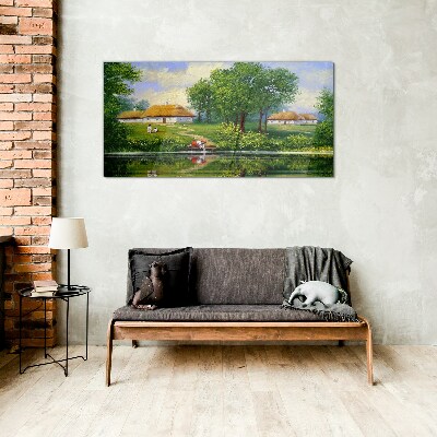 Foto op glas Een vredig landelijk landschap aan het water