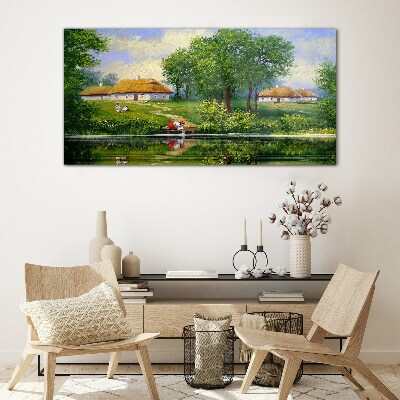 Foto op glas Een vredig landelijk landschap aan het water