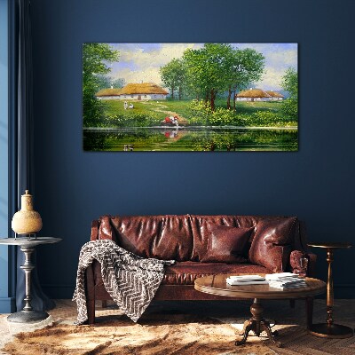 Foto op glas Een vredig landelijk landschap aan het water