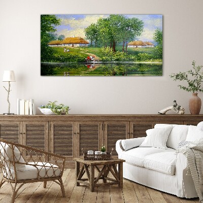 Foto op glas Een vredig landelijk landschap aan het water