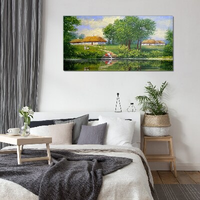 Foto op glas Een vredig landelijk landschap aan het water