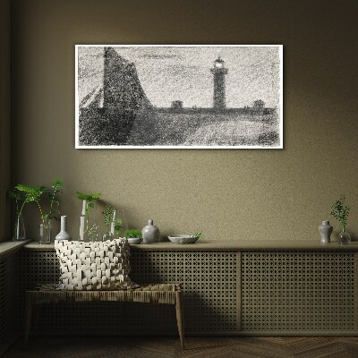 Foto op glas Een vuurtoren in een monochrome setting