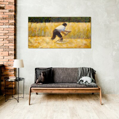 Foto op glas Een arbeider in een graanveld