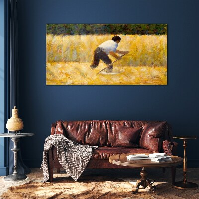 Foto op glas Een arbeider in een graanveld