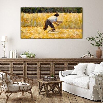 Foto op glas Een arbeider in een graanveld