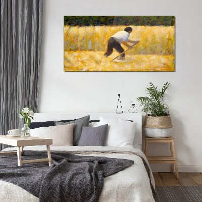 Foto op glas Een arbeider in een graanveld