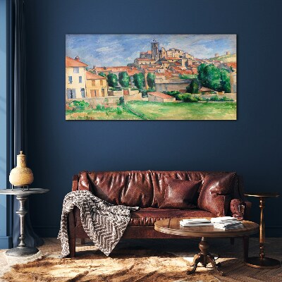 Glas foto Uitzicht op de stad met groen