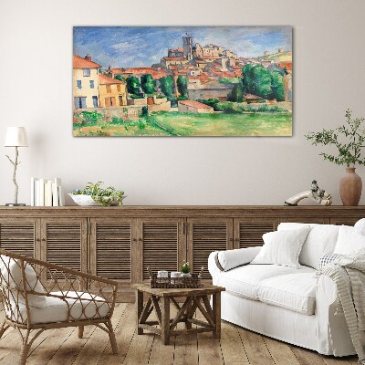 Glas foto Uitzicht op de stad met groen