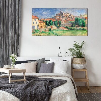 Glas foto Uitzicht op de stad met groen