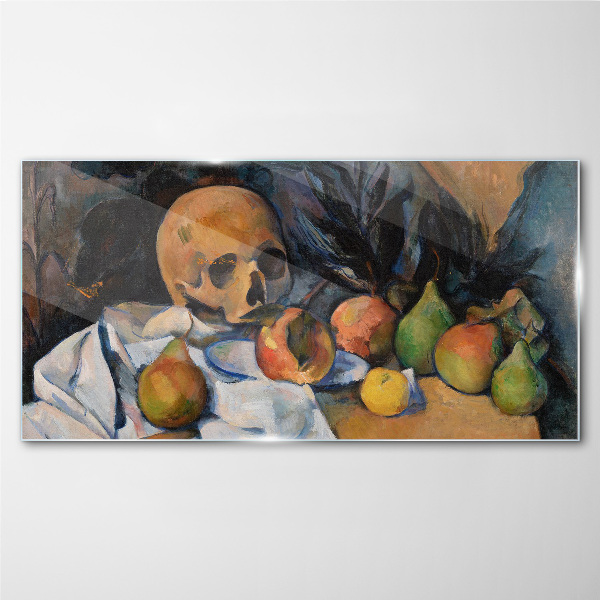 Foto op glas Stilleven met schedel en fruit