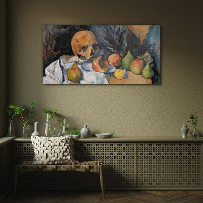 Foto op glas Stilleven met schedel en fruit