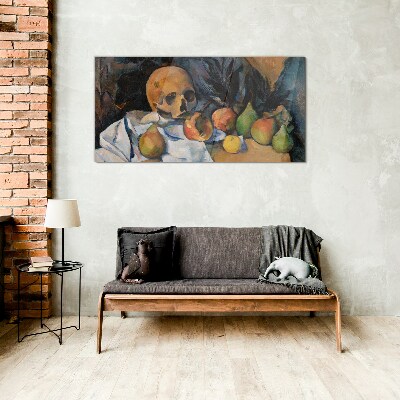 Foto op glas Stilleven met schedel en fruit